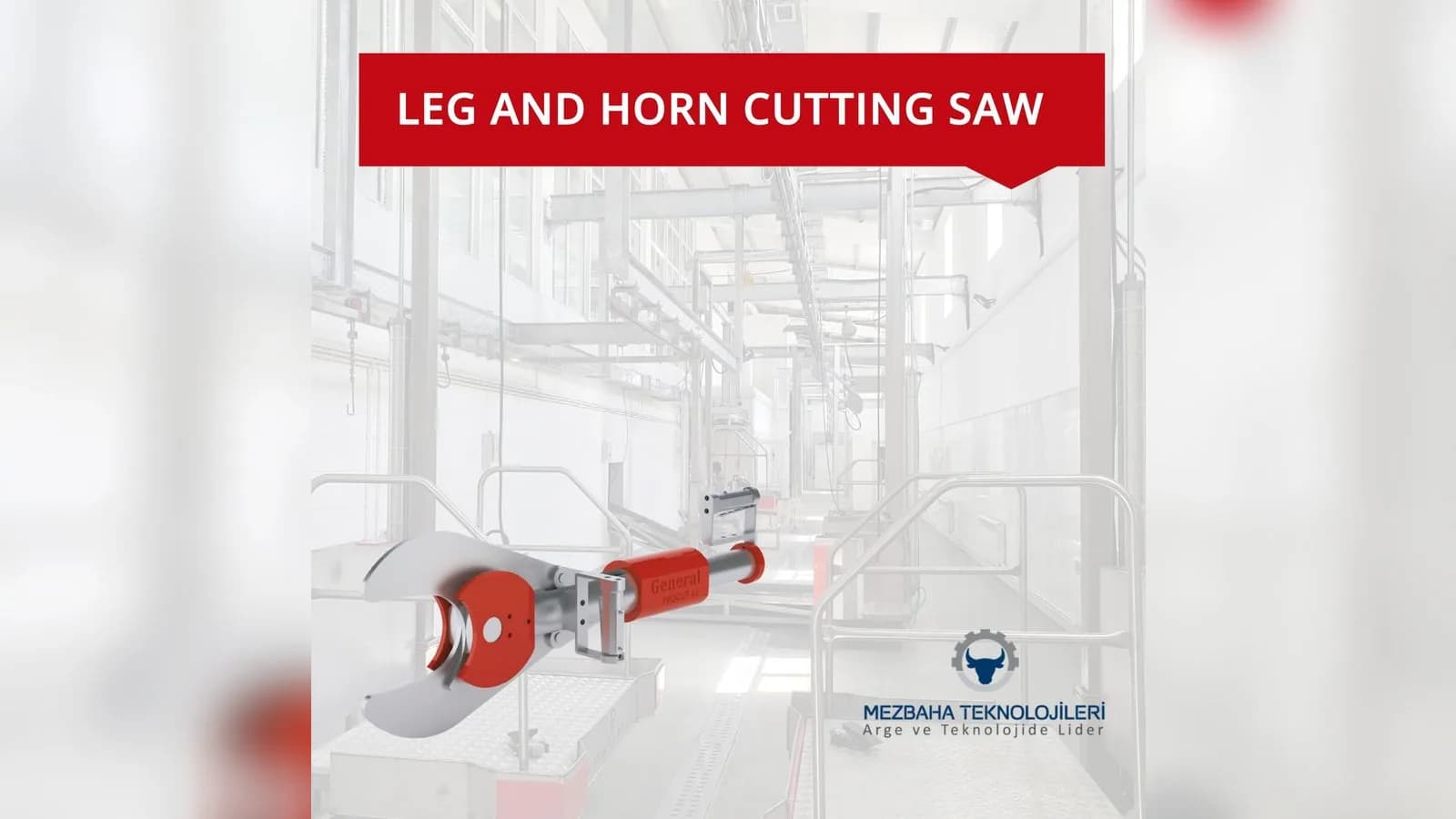 Render of a hydraulic leg and horn cutter with a curved open blade and red housing, shown in a slaughterhouse hall
