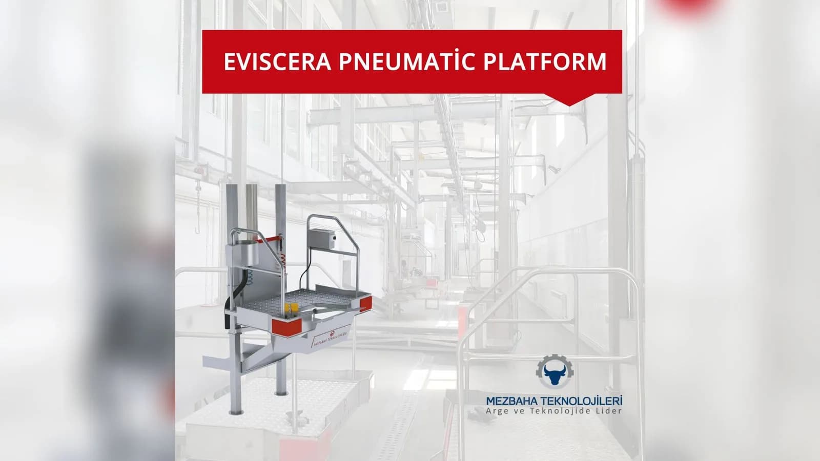 Render of a pneumatic evisceration platform: stainless steel work deck with handrails, yellow foot pedals and a wash basin in a slaughterhouse hall