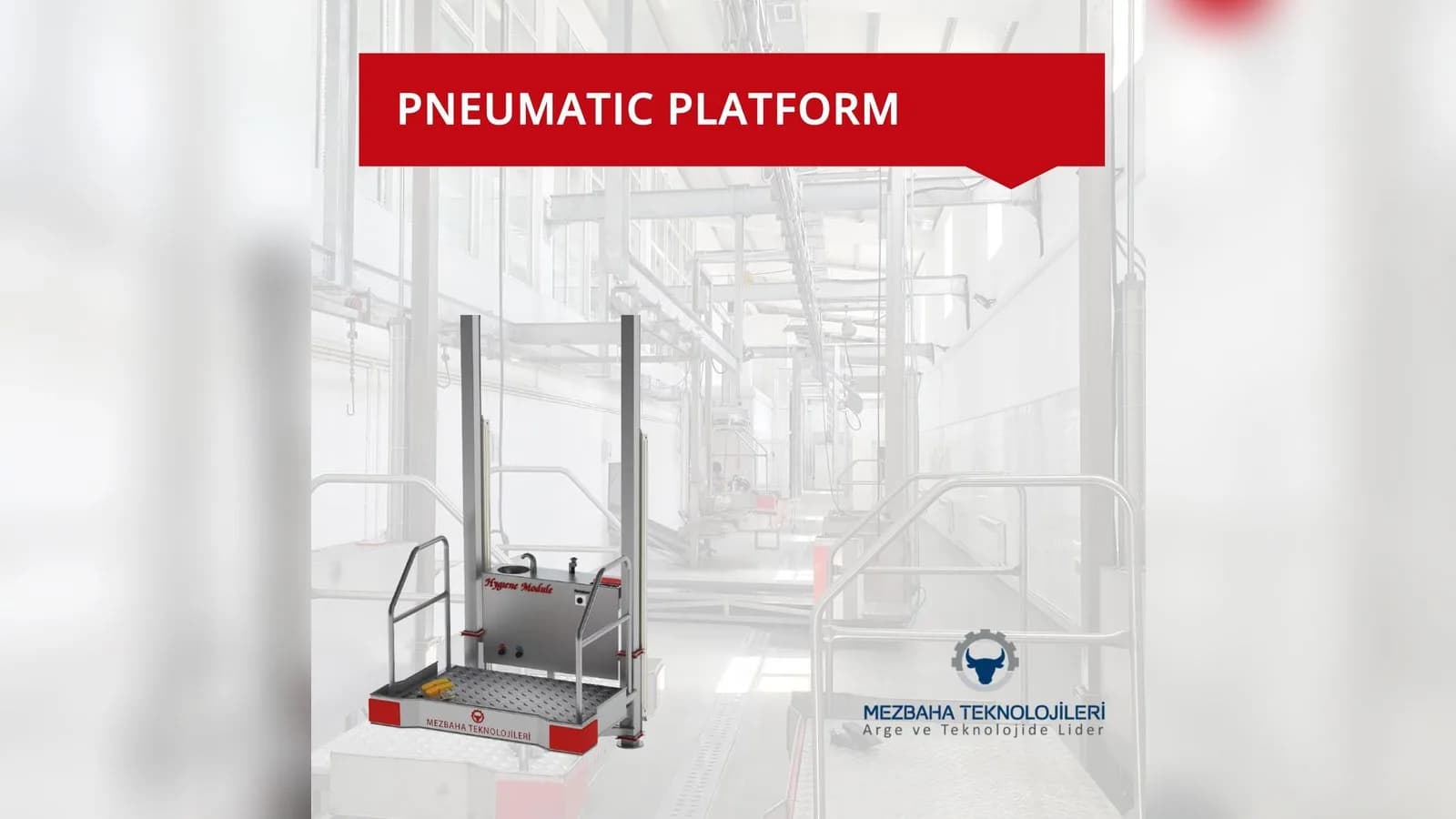 Render of a pneumatic transferring platform with handrails, stainless steel frame, foot pedals and a hygiene module with a wash basin in a slaughterhouse hall